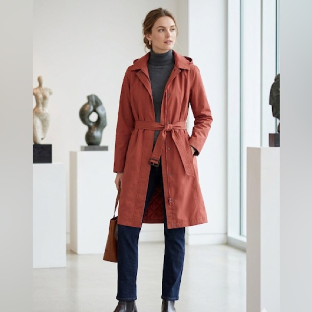 Lands' End Rust-Red Quilted-Lined Trench Coat removable liner and hood S 6-7